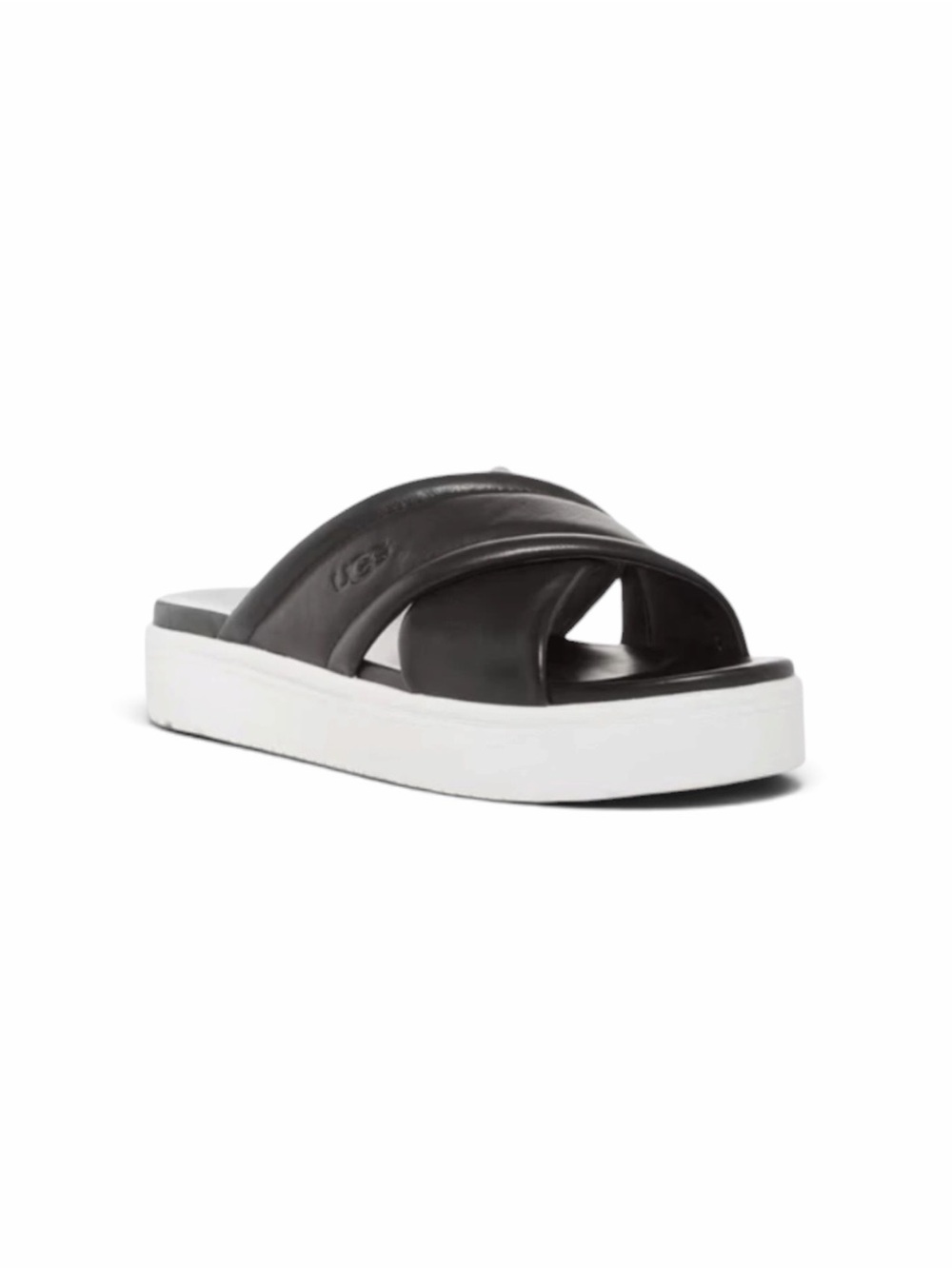 UGG Black Leather Zayne Crossband Slide Sandal with White Platform Sole.